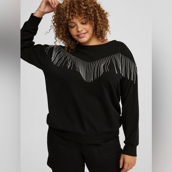 TORRID Drop Shoulder Rhinestone Fringe Sweatshirt - Picture 3 of 4